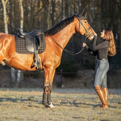 QHP Denim Ridebukser HAILYN - Modelfoto Hest og rytter