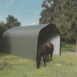 Mini Hal Flytbar /Grøn - Flytbart Læskur eller løsdrift. - Miljøfoto med hest