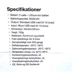 Specifikationer håndvarmer/powerbank 5.000 mAh