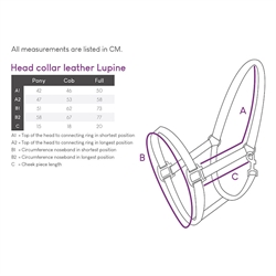 QHP Læder-grime - Lupine /Sort - Størrelsesguide med mål