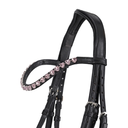 QHP Pony Trense BIXIE /Sort med pink - Close up af pandebånd med pink sten og nakke stykke