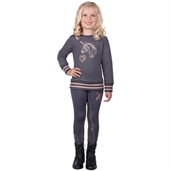 QHP DIDY Sweatshirt til børn /Grå - Med DIDY junior ridebukser.QHP DIDY Ridetights til børn /Grå med rosegold - Modelfoto med DIDY Sweatshirt