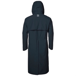 Stierna SKY Rain Coat /Navy – lang vandtæt regnfrakke til mænd med hætte, refleksdetaljer og sadelbeskyttelse til ridning. - Set bagfra